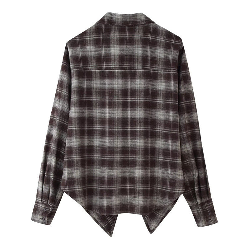 Loose Lapels Waist-controlled Long Sleeves Plaid Shirt