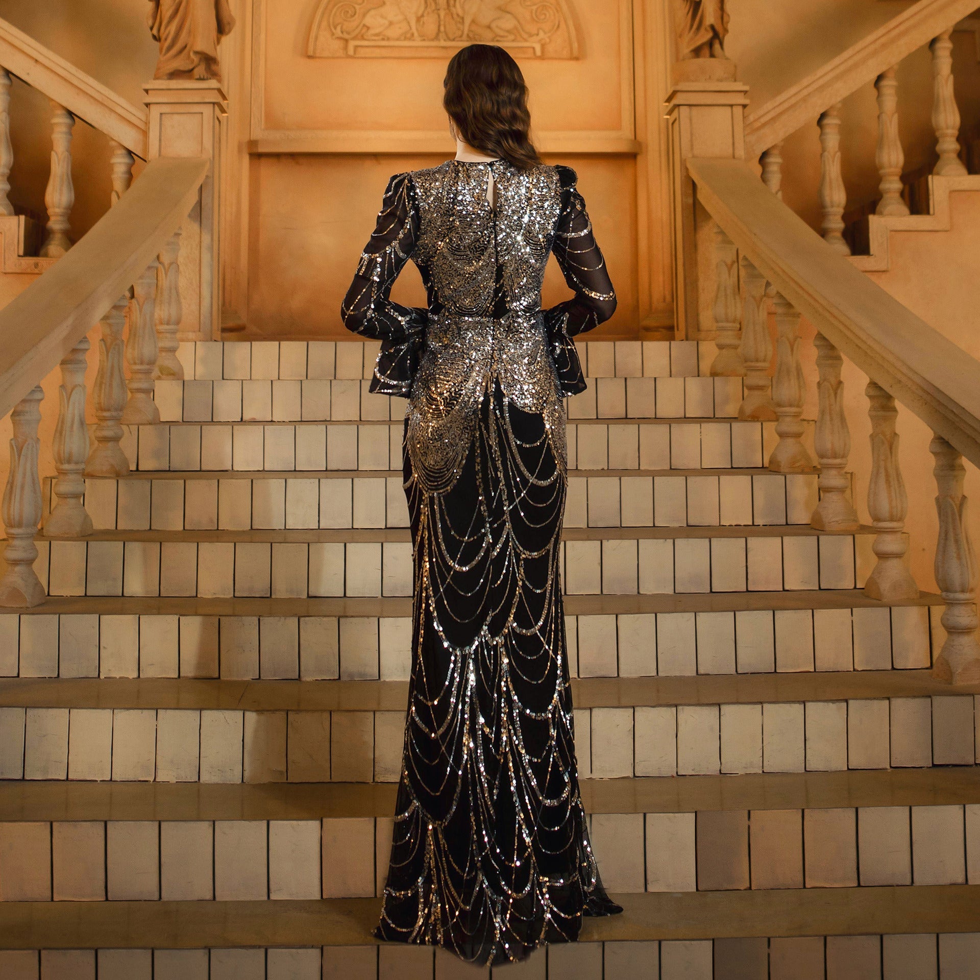 Crimson Elegance Sequined Fishtail Evening Gown