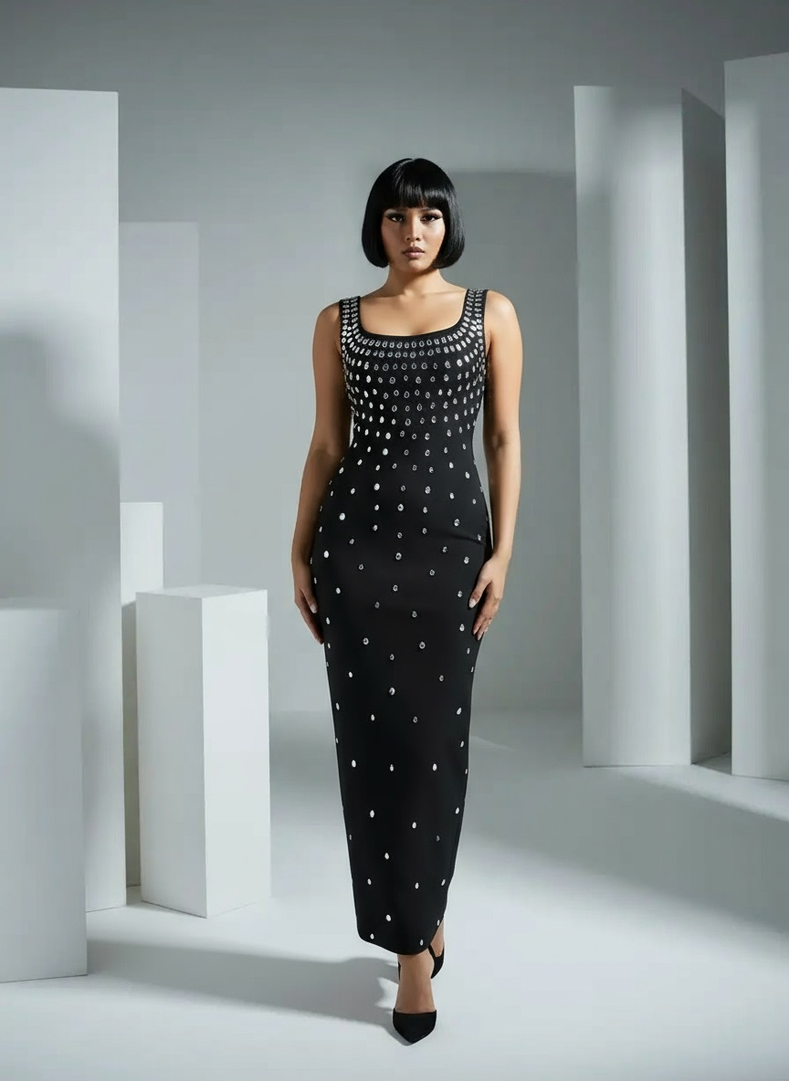 Rhinestone U-neck Sleeveless Sheath Tight Dress