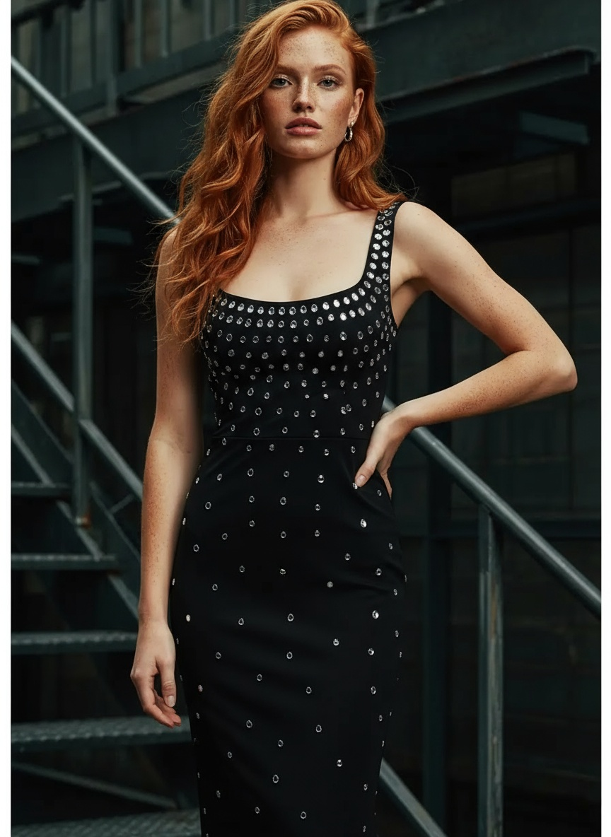 Rhinestone U-neck Sleeveless Sheath Tight Dress