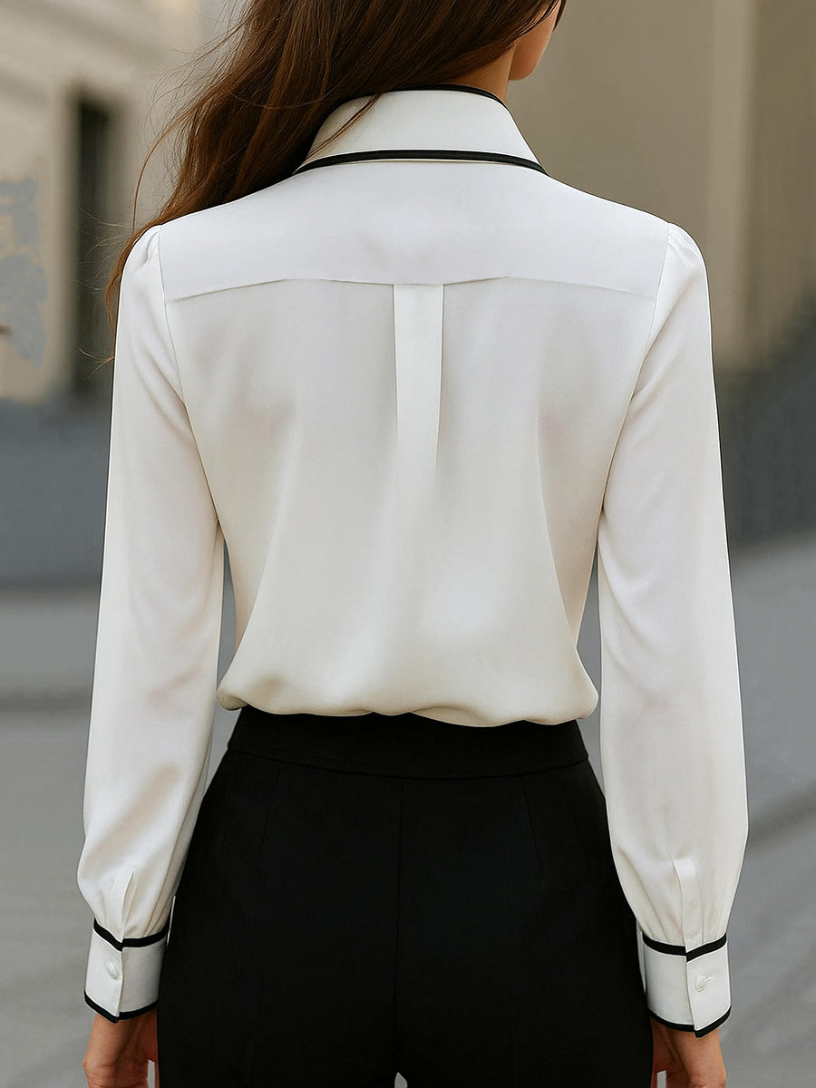 Chic Contrast Trim Tie-Neck Blouse