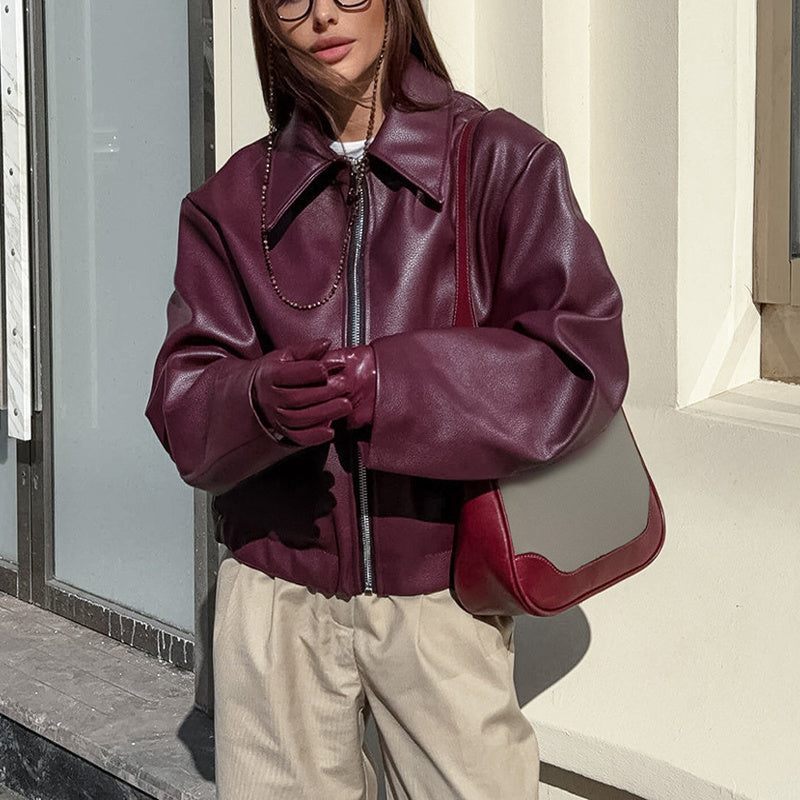 Isalene Chic Solid Leather Coat