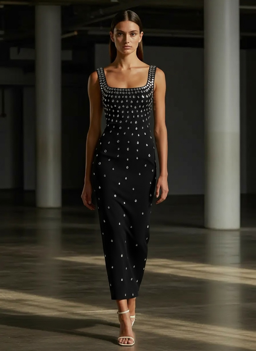 Rhinestone U-neck Sleeveless Sheath Tight Dress