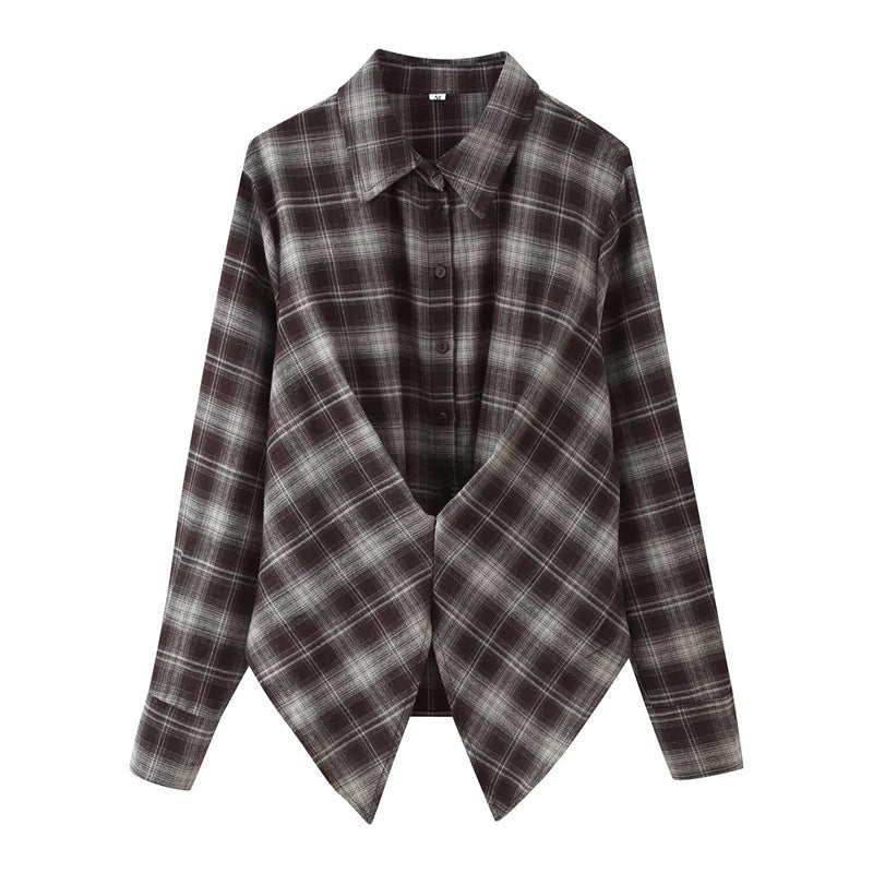 Loose Lapels Waist-controlled Long Sleeves Plaid Shirt