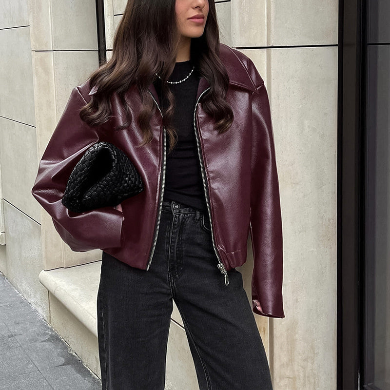 Isalene Chic Solid Leather Coat