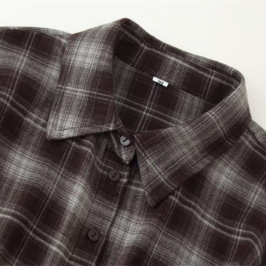 Loose Lapels Waist-controlled Long Sleeves Plaid Shirt