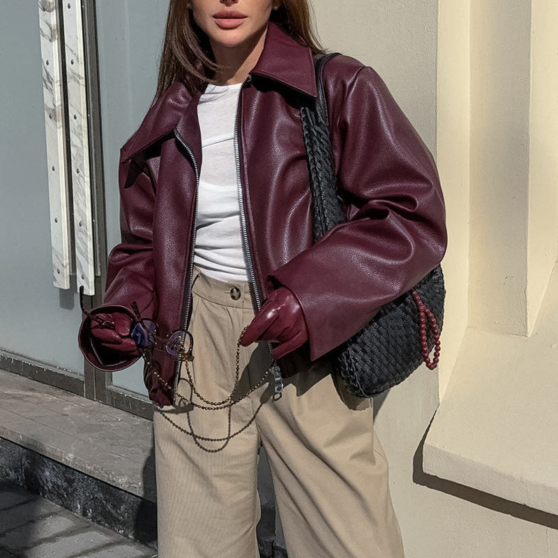 Isalene Chic Solid Leather Coat