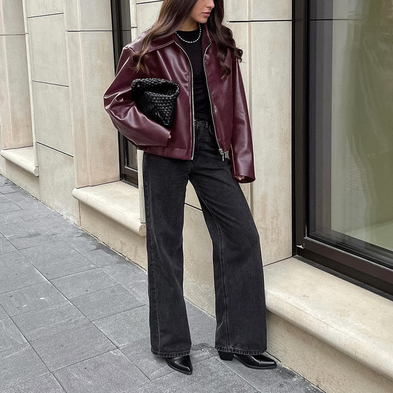 Isalene Chic Solid Leather Coat