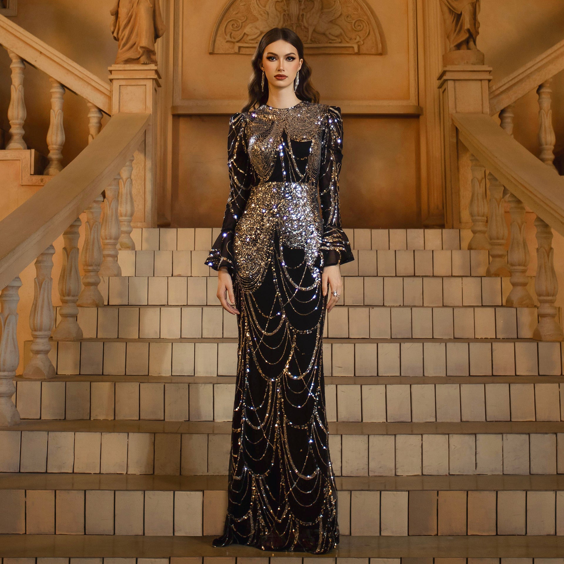 Crimson Elegance Sequined Fishtail Evening Gown