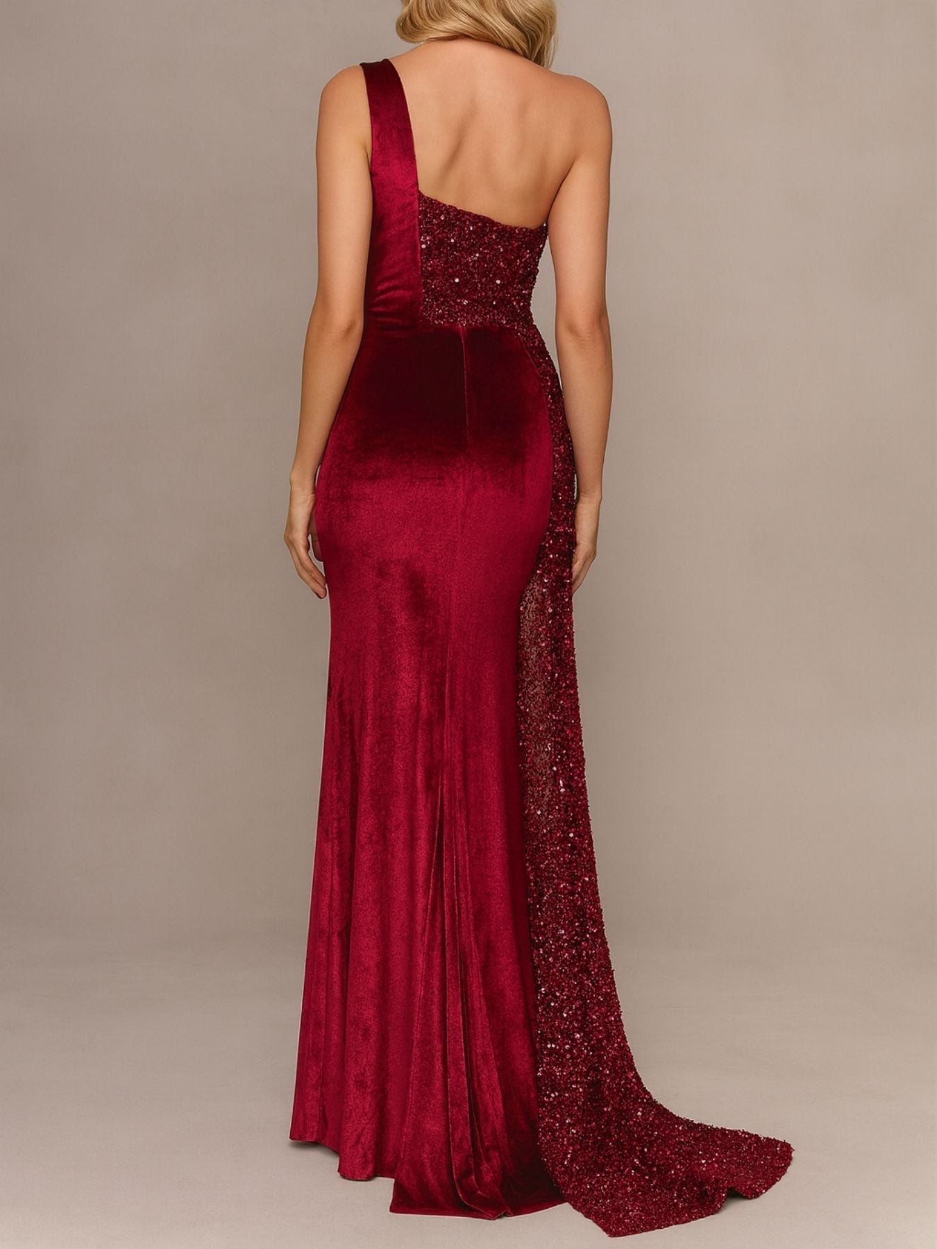 Kerla One Shoulder Sleeveless High Slit Velvet Sequin Maxi Dress
