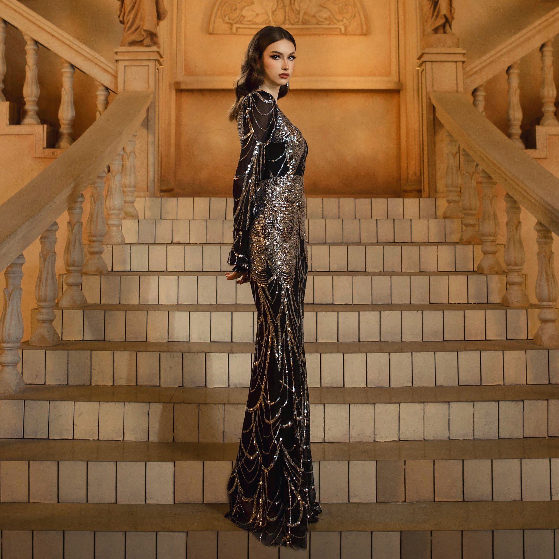 Crimson Elegance Sequined Fishtail Evening Gown