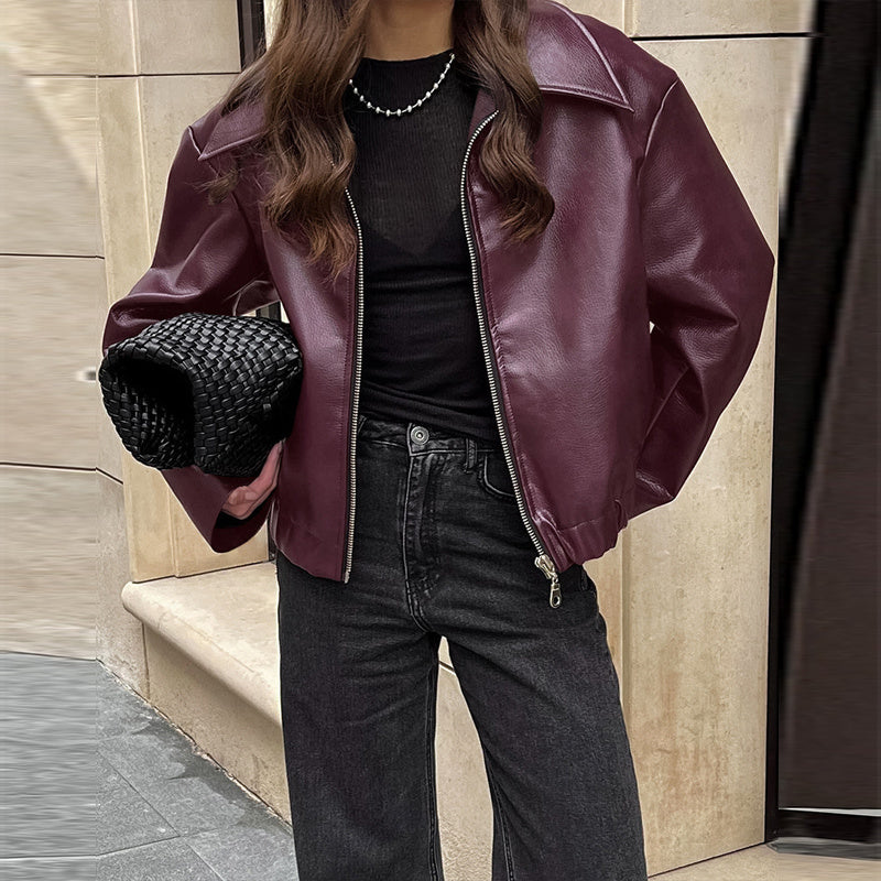 Isalene Chic Solid Leather Coat
