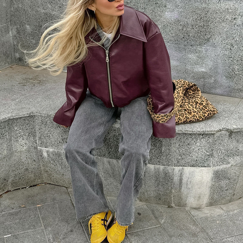 Isalene Chic Solid Leather Coat